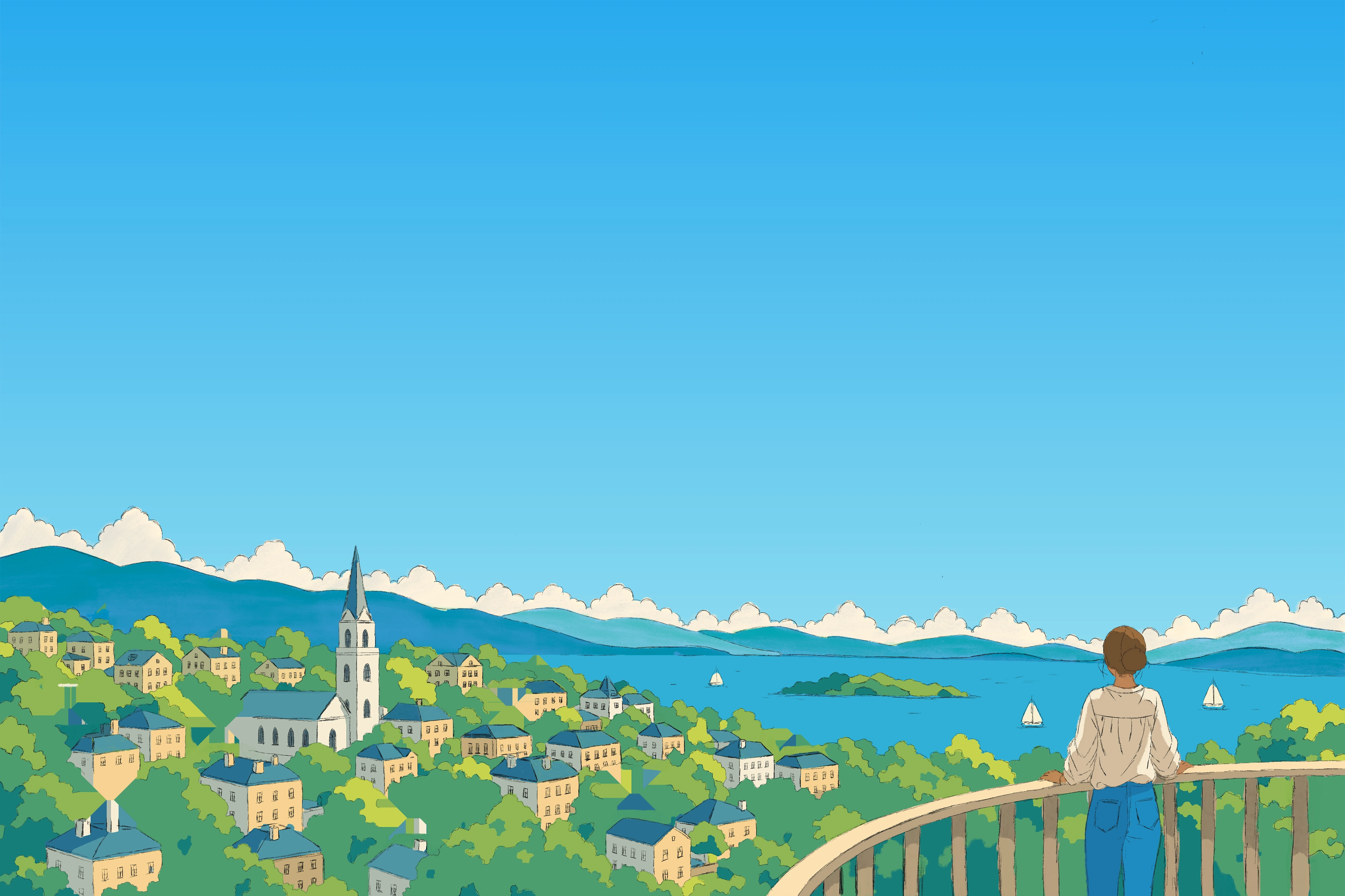 An illustration of Burlington, Vermont, on a summer day: houses and a white steeple among the trees, with residents' speech bubbles rising over the rooftops; Lake Champlain with sailboats and an island; the Adirondacks under a row of clouds; and a woman at a curved railing, looking out over the water, with a speech bubble of her own.